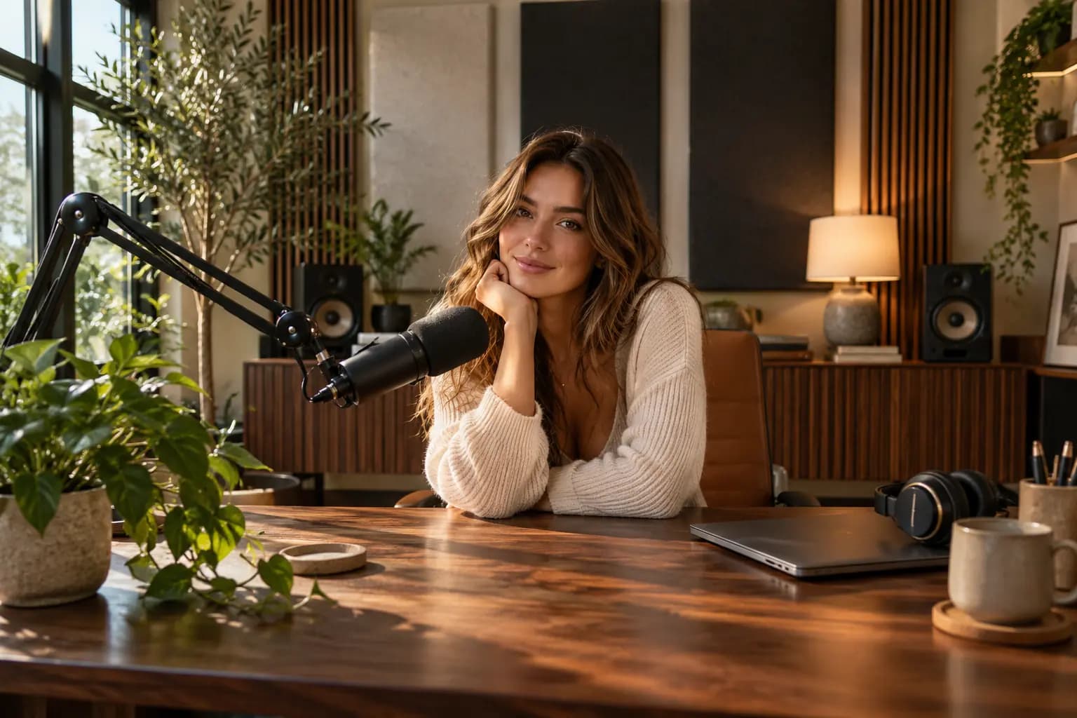 A creator smiling at a desk in a home podcast studio